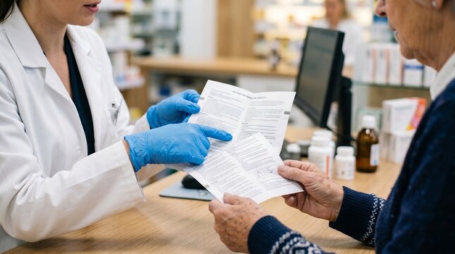 Woman pharmacist explains patient information leaflet to senior woman in pharmacy. Healthcare professional giving medical advice on medication dosage and prescription instruction in retail drugstore