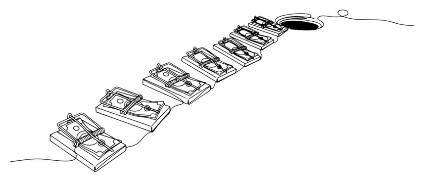 Money traps leading to a mouse hole in continuous line art style
