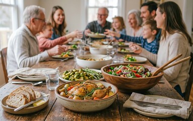 Naklejka premium Family sharing a delicious meal at rustic dining table in cozy home. group of happy people enjoying traditional dishes together. concept of community, togetherness, celebration