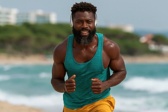 Muscular male runner on sandy beach with headphones for fitness background and active lifestyle banner design