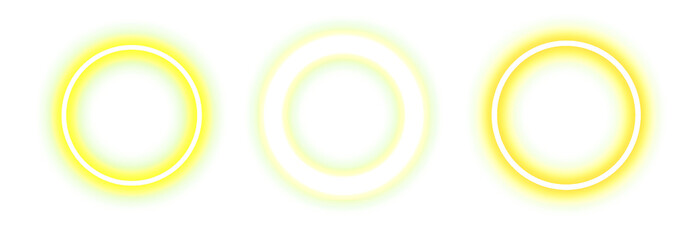 Three glowing neon circles with vibrant yellow and gold light effects on a white background © Samsur