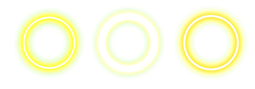 Three glowing neon circles with vibrant yellow and gold light effects on a white background