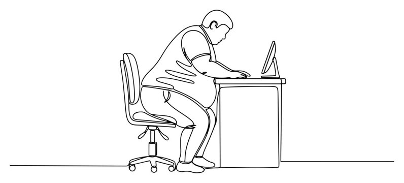 Overweight man sitting at desk working on computer in minimalist one line art style