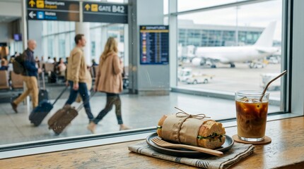 Naklejka premium Wrapped sandwich and iced coffee on table overlooking busy airport terminal with people and airplane. concept of travel, airport dining, and quick meal option.