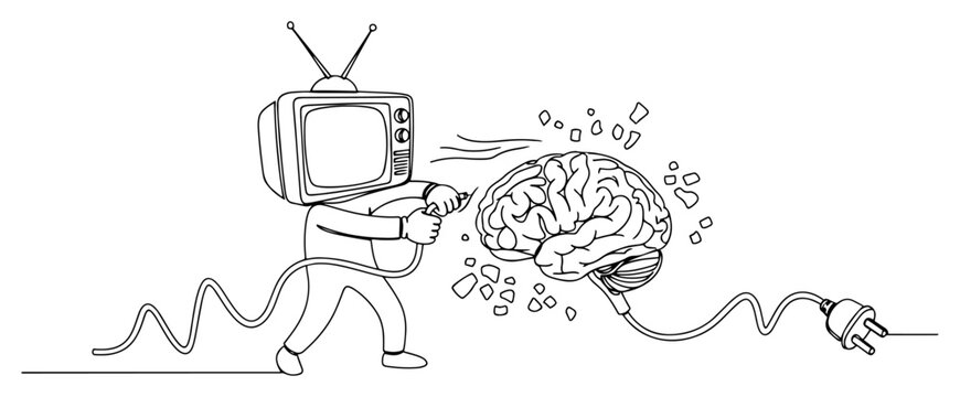TV head character destroying human brain with jackhammer in continuous line art style