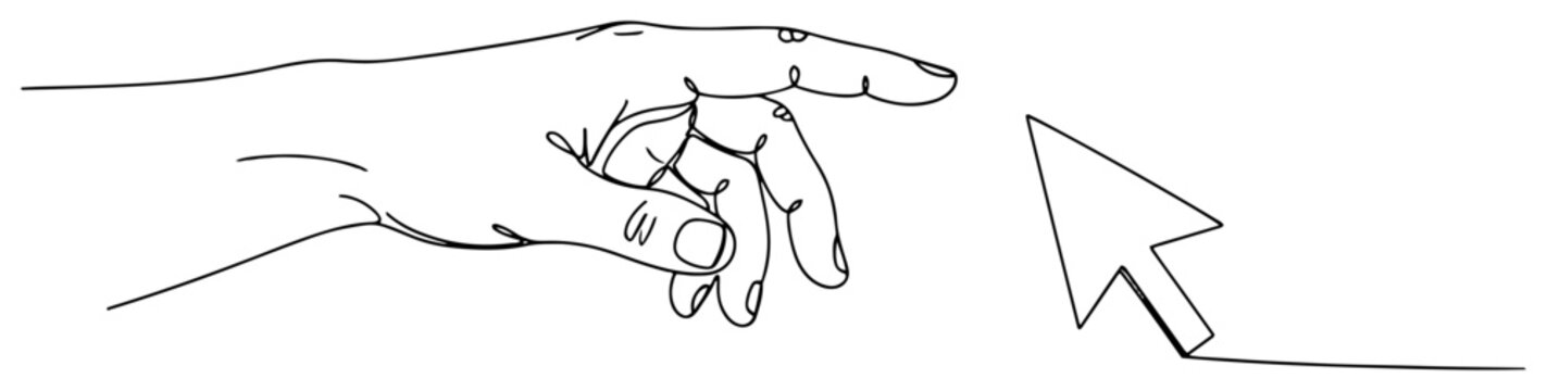 Human hand reaching towards digital mouse cursor arrow in minimalist line art style