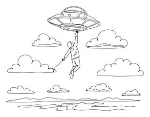 Man hanging from flying saucer ufo in cloudy sky in minimalist line art style © InsomniaVideo