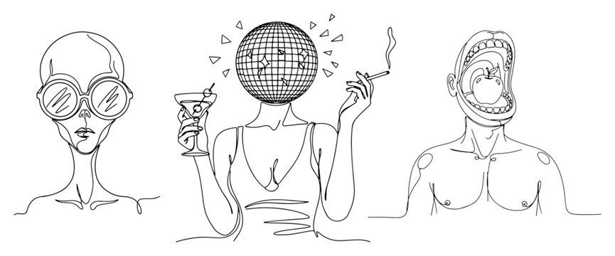 Surreal figures with disco ball head and alien features in continuous line art style