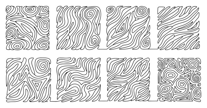 Abstract wavy pattern squares with topographic and wood grain textures in minimalist style