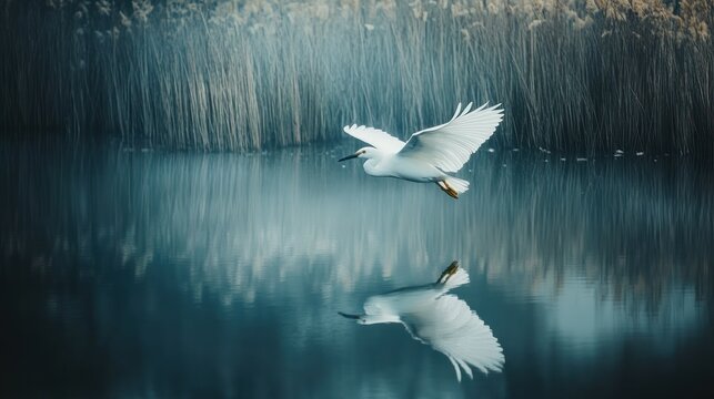 White heron flying over calm lake, reeds in background.  Possible use Nature photography