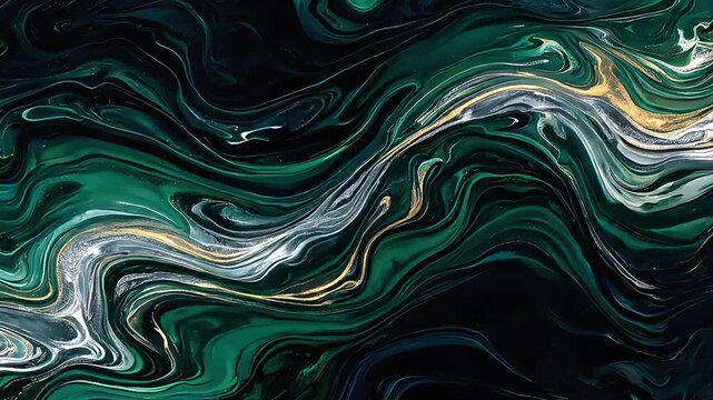 Abstract liquid marble background with deep emerald green, gold, and white swirls