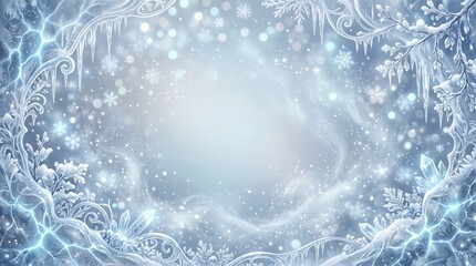 Obraz premium Fantasy winter background with ice frame and frozen crystals. Magical snowy border with snowflakes and icicles. Festive season illustration for holiday greeting card