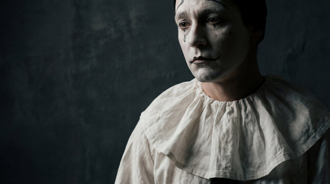 Sad Pierrot Mime Portrait with Dramatic Lighting