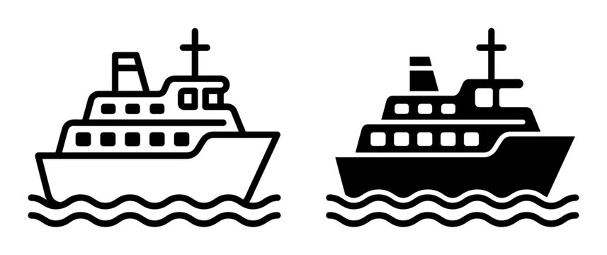 Ship icons, ferry symbols, boat illustrations, nautical graphics, vector set