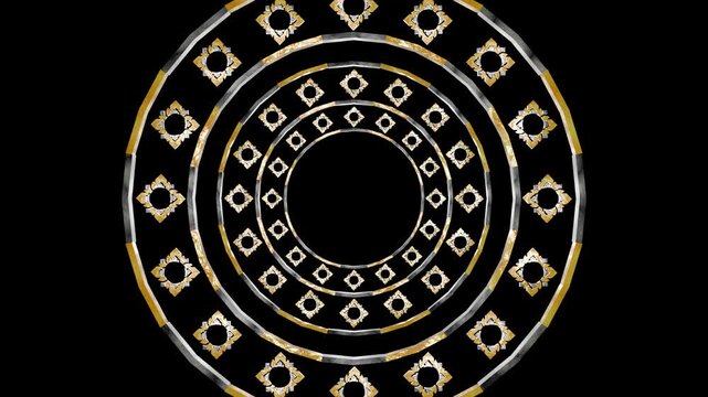 Seamless loop of abstract luxury Thai traditional ornament background. Golden and silver geometric circular pattern rotating on black background. Elegant culture motion graphic.