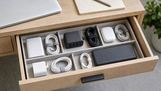 Universal charging drawer with organized devices and cables