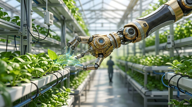 Advanced robot arm monitors plant health in high-tech vertical farm greenhouse automated agriculture technology futuristic.