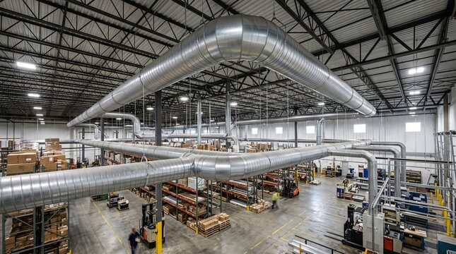 Large spiral air ducts in warehouse interior with industrial shelving and equipment. concept of industrial infrastructure, warehouse storage, airflow management
