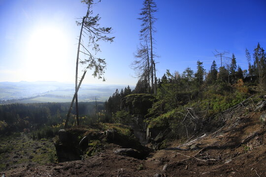 Rocks in czech republic, mount Osta&scaron; autumn sunny day
