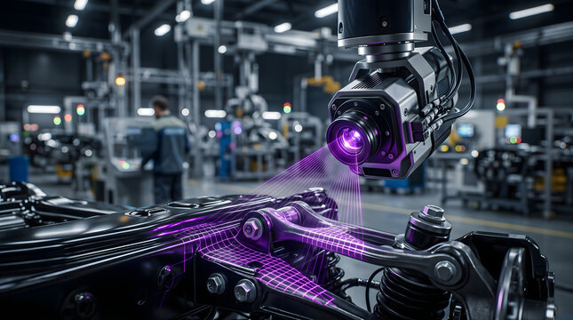 Automated 3d scanner with laser light inspecting car suspension system in manufacturing plant for precision engineering quality control.