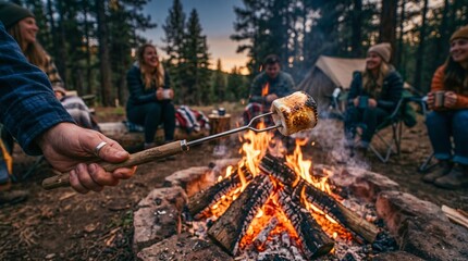 Fototapeta premium Man roasting marshmallow over campfire with friends at campsite. Group of people camping in forest during twilight