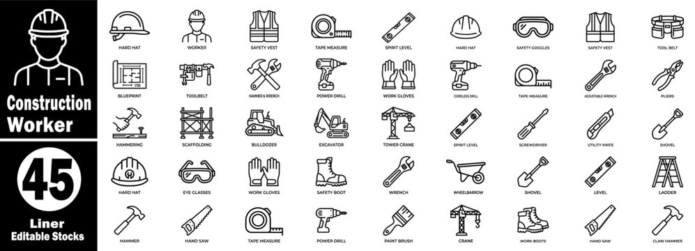 Construction worker liner editable stocks. Collection of forty five thin line vector icons for personal protective tools.