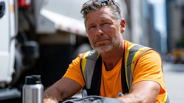 Sanitation worker in a heat advisory sitting in the shade of his truck during a mandated summer heat wave rest break, industrial setting of a city block behind him, insulated thermos and a wrist-str