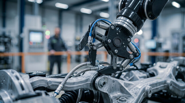 Close-up robotic arm assembly part on complex mechanical structure in modern manufacturing industrial facility.