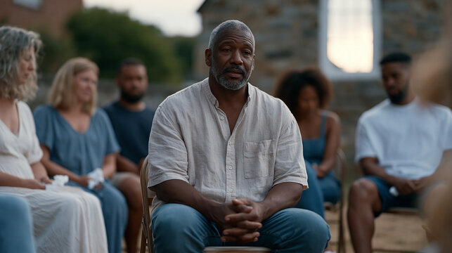 Multicultural grief support circle of eight adults seated on folding chairs in a church basement, tissues on laps, one member speaking with raw honesty while others lean forward in compassionate sil