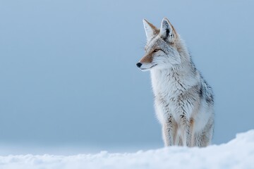 Fototapeta premium A serene portrait of a coyote standing alert in a snowy winter landscape, its fur blending with the pristine environment.