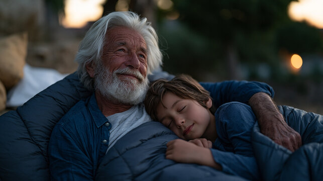 Elderly grandfather in his eighties lies on a sleeping bag in his backyard during a meteor shower, grandson of nine asleep beside him, one arm around the child, the old man still watching the sky wi