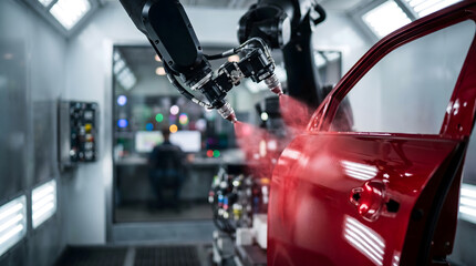 Industrial robot arm spraying red paint on car door in automated manufacturing factory for automotive production line technology.