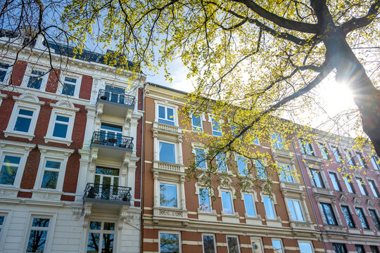 Beautiful red classic apartment building in Hamburg in North Germany in springtime