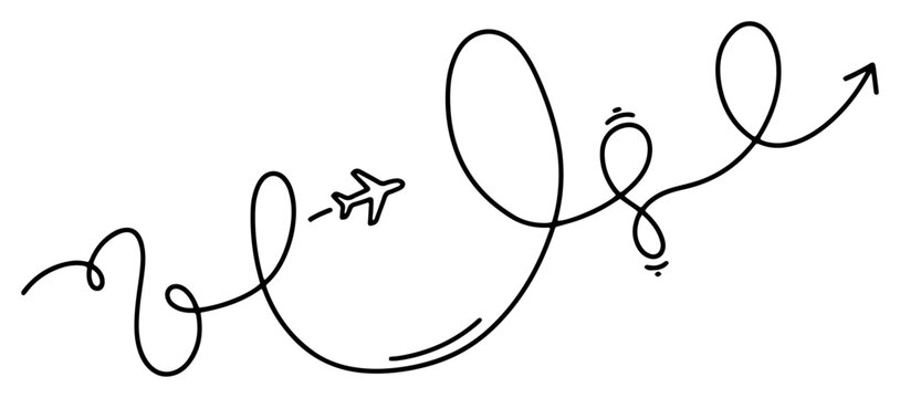 Airplane flying with curly continuous line path in minimalist style