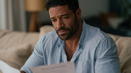 Obraz premium Biracial male in his forties sits in a therapist waiting room holding a printed worksheet titled setting emotional limits, the phrase empath boundary setting made concrete and visual through the doc