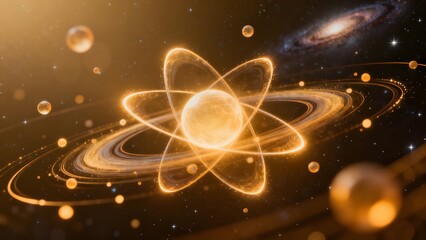 Obraz premium Cosmic atom with orbiting spheres
