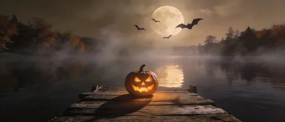 Spooky jack-o-lantern glows on a foggy dock under a full moon © Ася Андроник