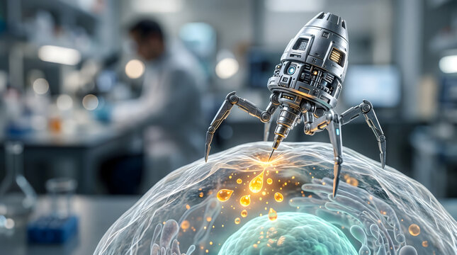 Nanobot performing microscopic surgery on human cell medical nanotechnology future science research healthcare innovation.