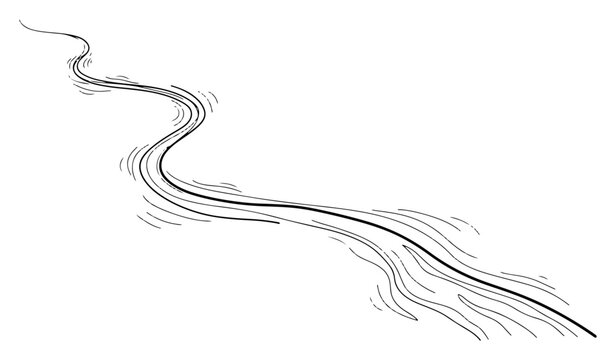 Winding river stream or narrow path in minimalist hand drawn line art style