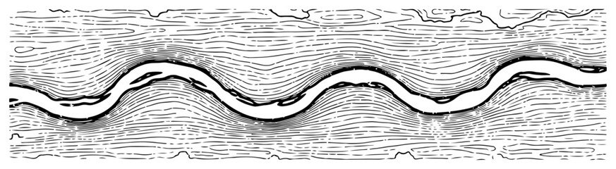Winding river valley with topographical hatching texture in hand drawn style © InsomniaVideo