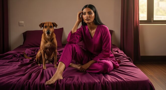 Woman in magenta pajamas sitting on bed with her dog in cozy bedroom.
