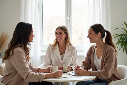 Three Smiling Women Having a Lively Conversation Over Coffee