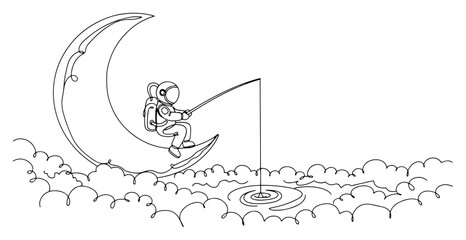 Astronaut sitting on crescent moon fishing into clouds in surreal line art style © InsomniaVideo