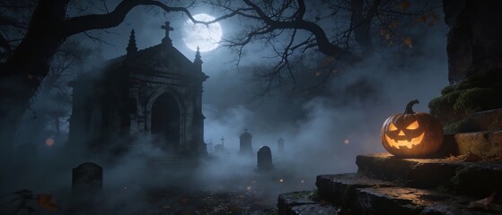 Spooky Halloween graveyard scene with a glowing jack-o'-lantern under a full moon © Ася Андроник