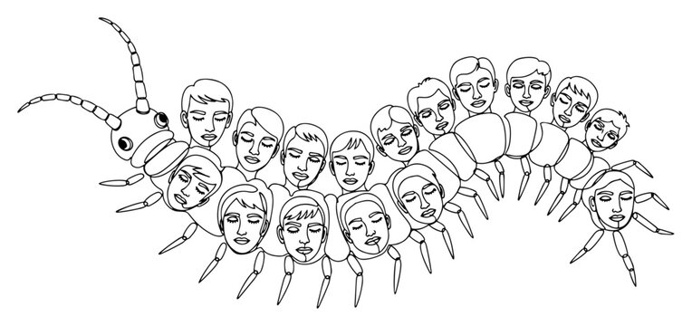 Centipede creature with body segments formed by multiple human faces in detailed line art style