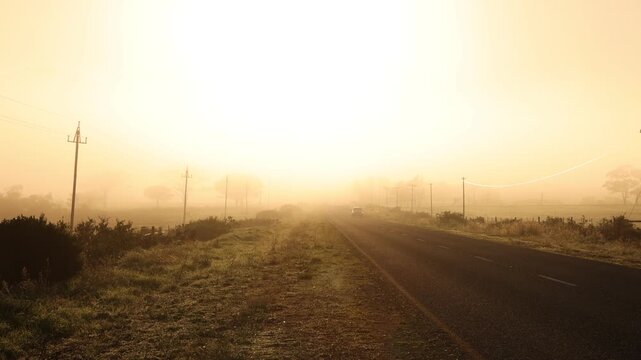 fog settling on highway at sunrise, Stanford, South Africa