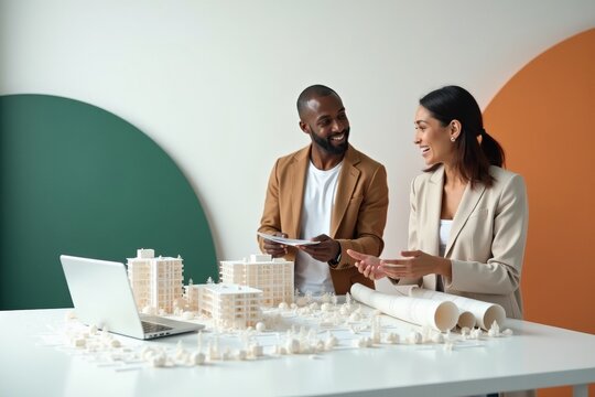 Architects Discussing Building Models and Urban Development Plans