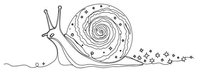 Snail with spiral galaxy shell leaving trail of stars in minimalist line art © InsomniaVideo