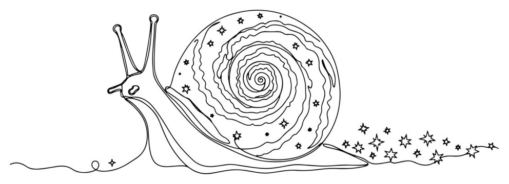Snail with spiral galaxy shell leaving trail of stars in minimalist line art
