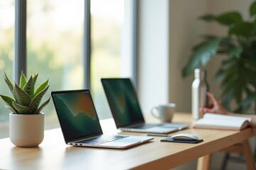 Fototapeta premium Modern Home Office with Laptops and Plant on Bright Wooden Desk